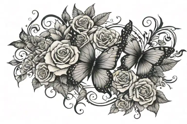 vertical long stretched butterfly with leaves, roses, vines, etc tattoo design idea