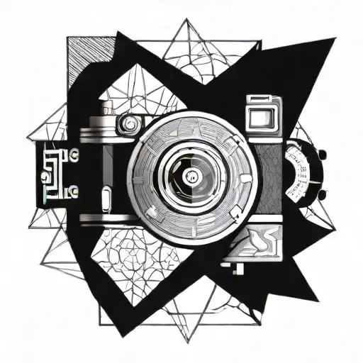 Sacred geometry pattern with a camera shutter in the middle, symbolizing the harmony between spirituality and photography tattoo design idea