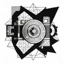 Sacred geometry pattern with a camera shutter in the middle, symbolizing the harmony between spirituality and photography tattoo design idea