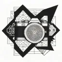 Sacred geometry pattern with a camera shutter in the middle, symbolizing the harmony between spirituality and photography tattoo design idea