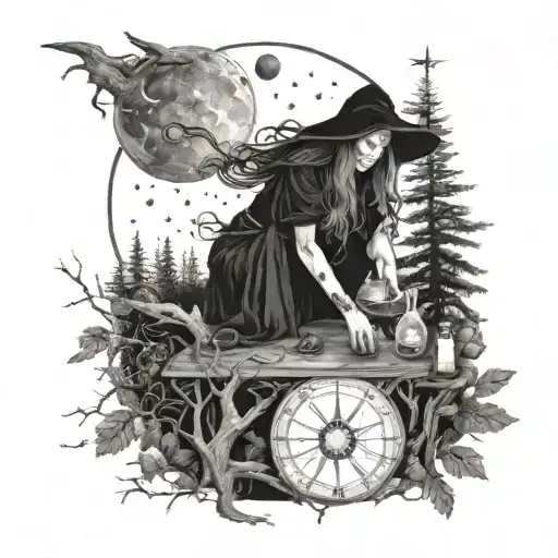 A mystical scene of a witch performing a ritual in a forest, with the phases of the moon and zodiac signs shining overhead tattoo design idea