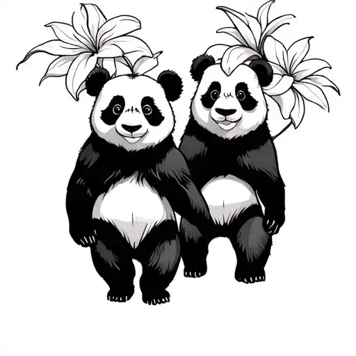 panda Frangipani lilly pilly holding hands walking side by side tattoo design idea