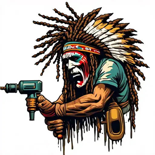 "Indigenous Plumbing " dreadlock painted face Native American plumber using drill tattoo design idea