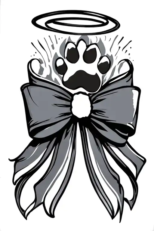 long flowy bow with a paw print centre with halo on top tattoo design idea