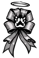 long flowy bow with a paw print centre with halo on top tattoo design idea