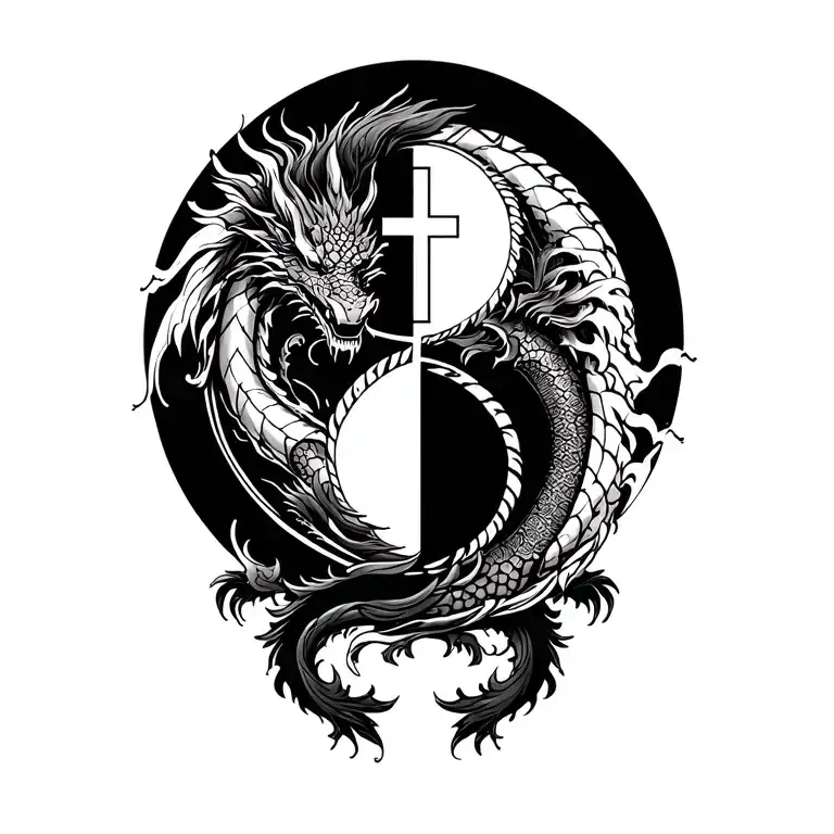 Yin-Yang Symbol with dragon as outer ring of symbol and overlay of Christian Cross inside Yin-Yang symbol. tattoo design idea