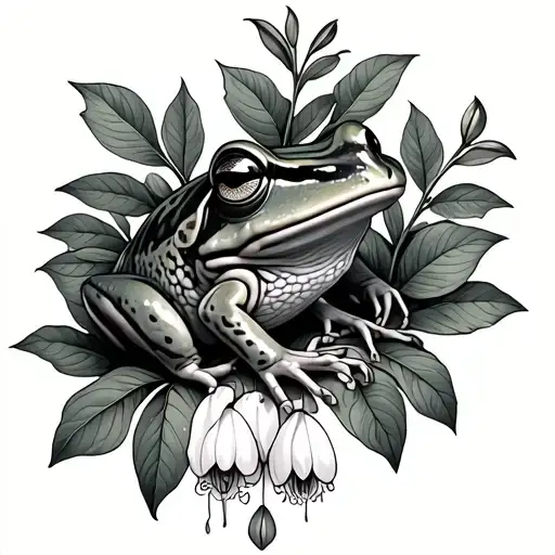 frog in bush of bleeding hearts tattoo design idea