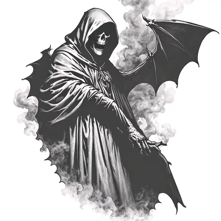 hooded reaper silohuette, smoke, fire, scary, bat wings tattoo design idea