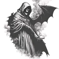 hooded reaper silohuette, smoke, fire, scary, bat wings tattoo design idea