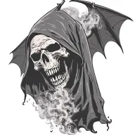 hooded reaper silohuette, smoke, fire, scary, bat wings tattoo design idea