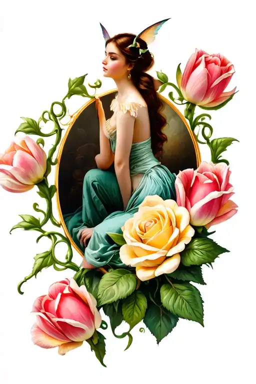 A tattoo sleeve of a flowers vine that has tulips and roses with a pixie  sitting on top of a picture of someone. At tattoo design idea