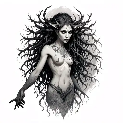 Full body facing to the left Dryad with one arm pointing left tattoo design idea