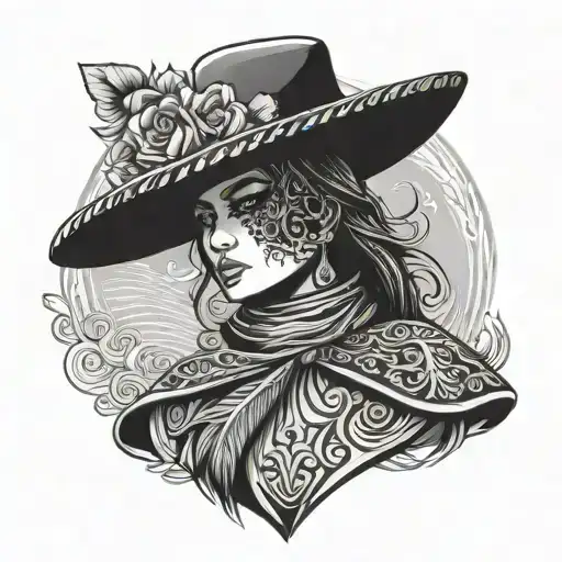 charro woman silhouette with Pancho fading away tattoo design idea