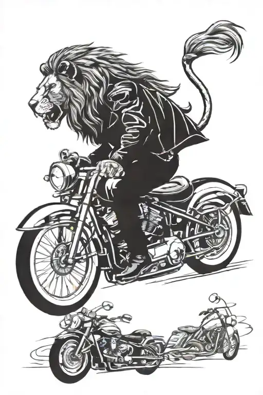 A side view of a majestic lion riding a Harley-Davidson motorcycle, adorned in a black leather jacket, emanating a gangs tattoo design idea
