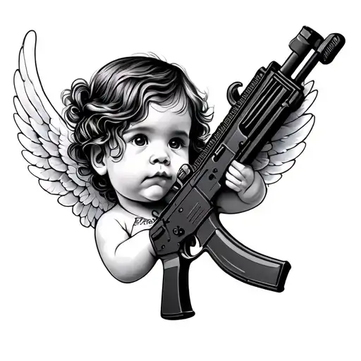 baby angel with and ak 47 assault rifle intertwined tattoo design idea