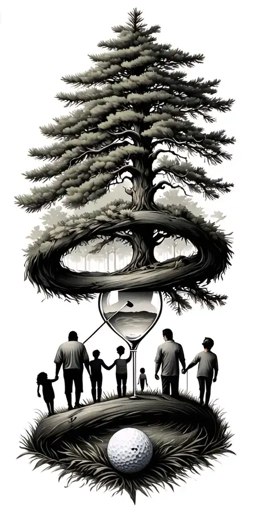 Pine forest wrap around and family tree and hour glass father with 3 kids and golf tattoo design idea