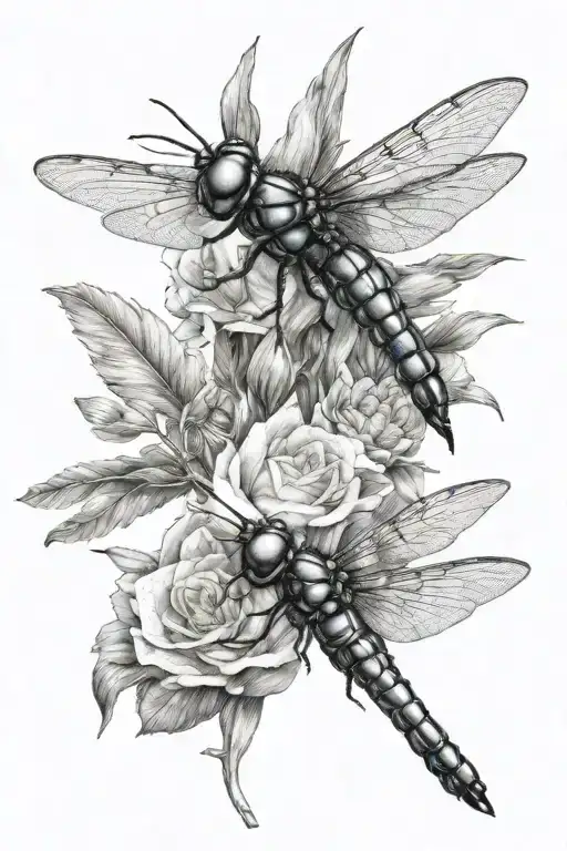 dragonfly and hummingbird drinking nectar tattoo design idea