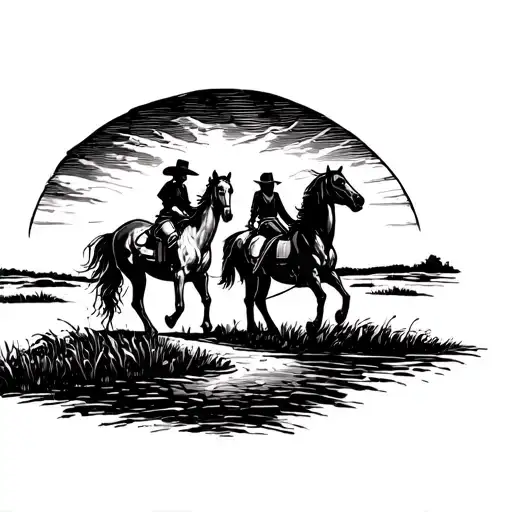 western style one guy and one girl ridng horses away towards sunset tattoo design idea
