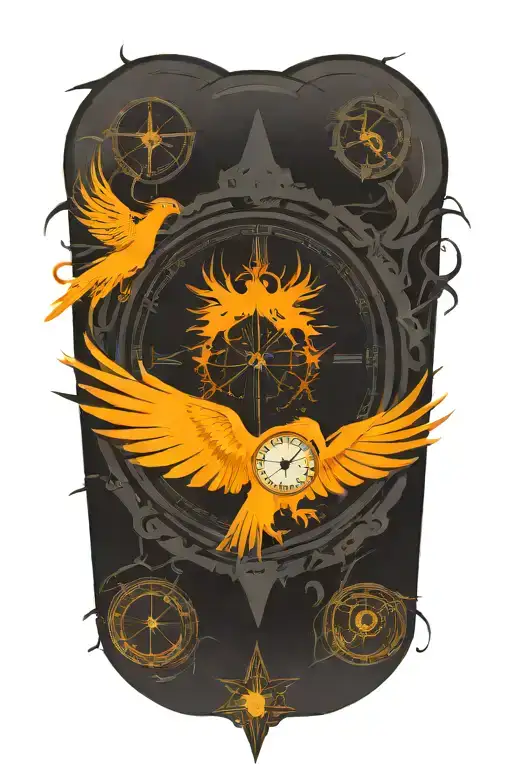 compass layered behind a clock representing the course for life over time. Overlapping is a Phoenix rising uo tattoo design idea