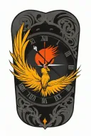 compass layered behind a clock representing the course for life over time. Overlapping is a Phoenix rising uo tattoo design idea