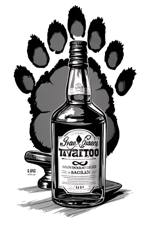 a table with a whiskey bottle and a pawprint infinity tattoo design idea