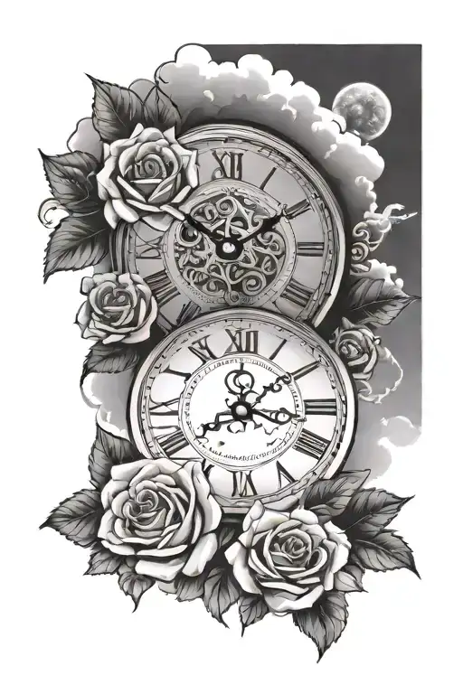 clock with roman numerals and a time quote below it with a rose below it adn clouds around it all and the clock shinning tattoo design idea