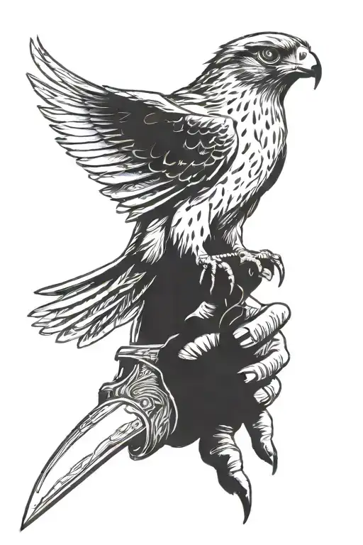 Falcon perched on hand holding a knife tattoo design idea