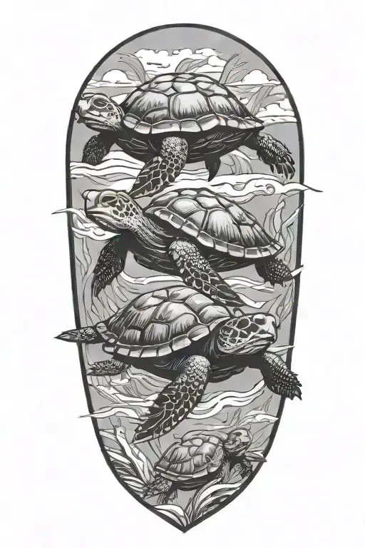 Design a tattoo of a family of turtles swimming in the waters of North Shore Hawaii, symbolizing unity and love for family tattoo design idea