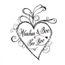 Create a sketch tattoo of a heart with the words 'Makhan & Boo Boo' written in Punjabi and Telugu script tattoo design idea
