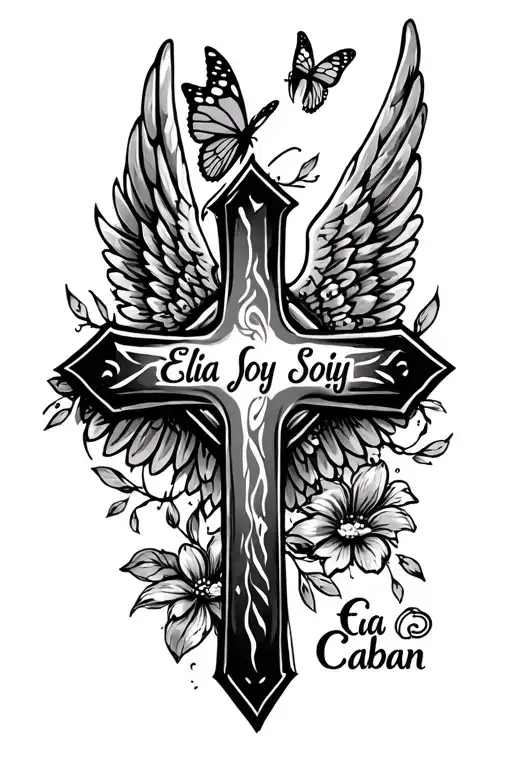 "Elia Joy Caban" cross with name in middle and angel wings behind the cross and a butterfly on top tattoo design idea