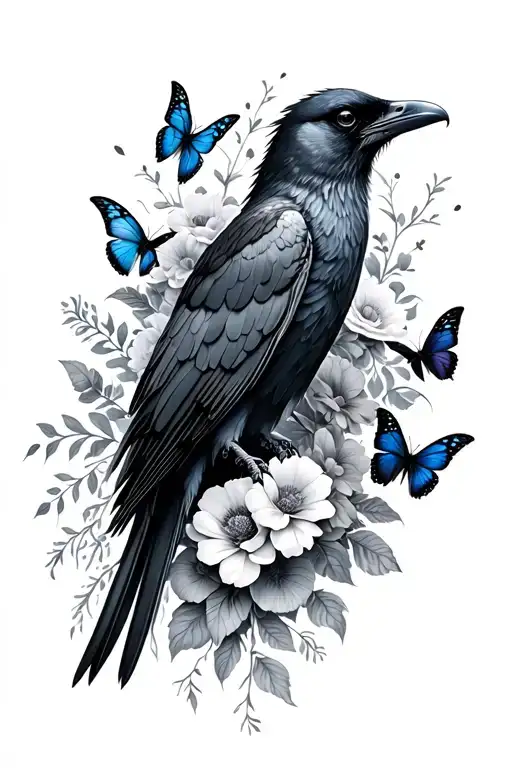 full floral sleeve with raven and butterflies tattoo design idea