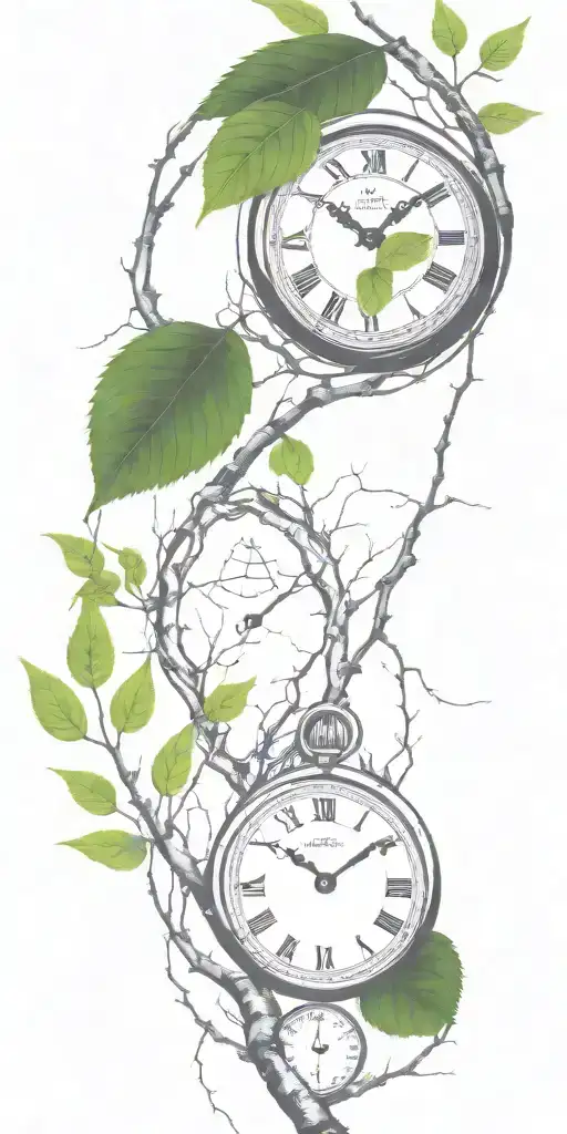 birch tree branches and green leaves with only 3 clocks integrated into it for an arm sleeve tattoo design idea