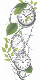 birch tree branches and green leaves with only 3 clocks integrated into it for an arm sleeve tattoo design idea