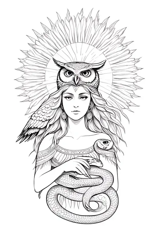 goddess athena with owl and snake tattoo design idea