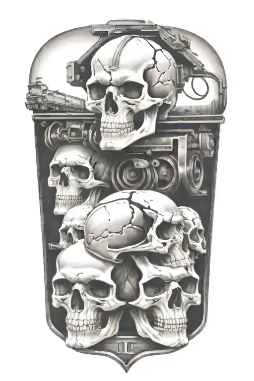 railroad train tracks across thew top with skulls and a twin cam engine tattoo design idea