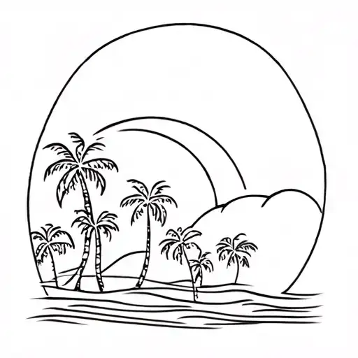 Polynesian tattoo representing New Caledonia with a sunset and coconut trees tattoo design idea
