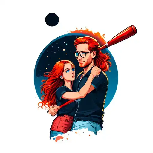 Father and daughterwith red hair and glasses playing with a red Baseball bat durring a solar eclipse tattoo design idea