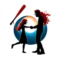 Father and daughterwith red hair and glasses playing with a red Baseball bat durring a solar eclipse tattoo design idea