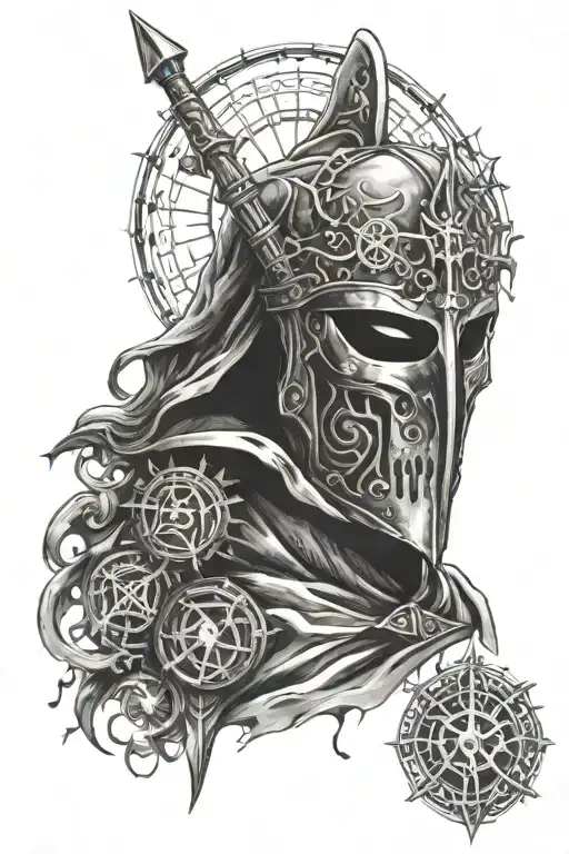 A tattoo design featuring a ghostly knight Templar surrounded by mysterious symbols and the all-seeing eye tattoo design idea