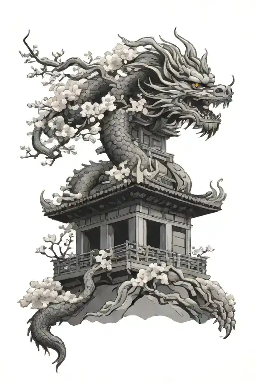 Japanese dragon, cherry blossom tree, temple The temple tattoo design idea