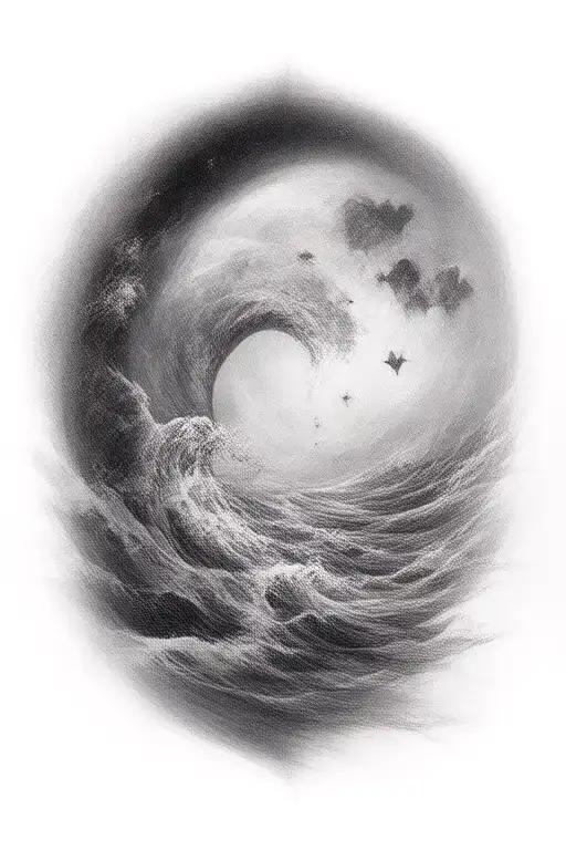 waves moon stars and heart shape  tattoo design idea