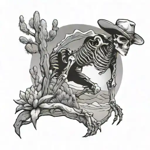 Skeleton space cowboy leaning up against an alient catcus in a foreign desert lanscape at sunset tattoo design idea