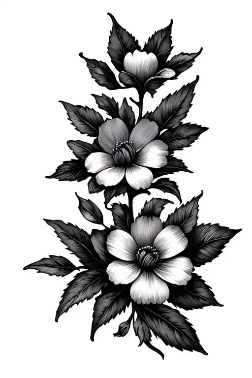 Thin vine with the birth month flowers of January November, October, September, August, and April going down it no shade tattoo design idea
