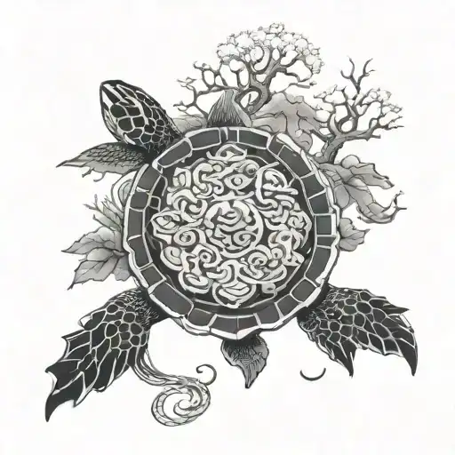 winter themed with turtle and catfish around the tree of life tattoo design idea