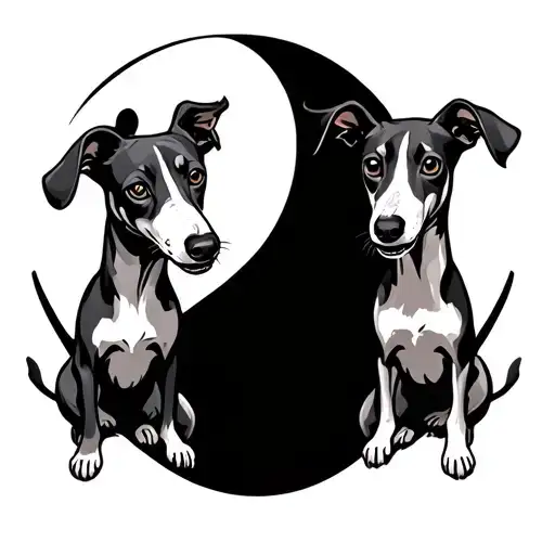 two whippets in ying and yang sign (one angry with teeths visible second calm and lovely) make them standing on paws wit tattoo design idea