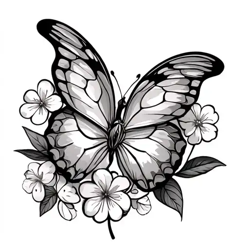 butterfly with peony, four leaf clover and cherry blossoms inside one wing tattoo design idea