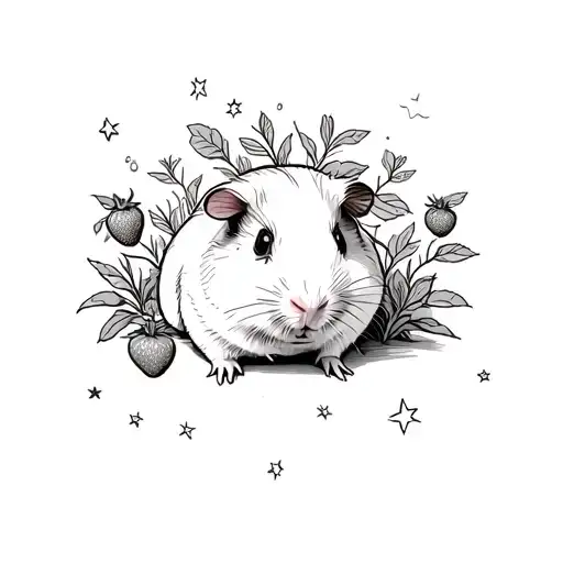 A guinea pig surrounded by strawberry plants with small star details tattoo design idea