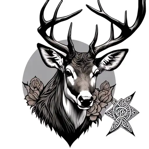 deer, celtic cross, rose tattoo design idea