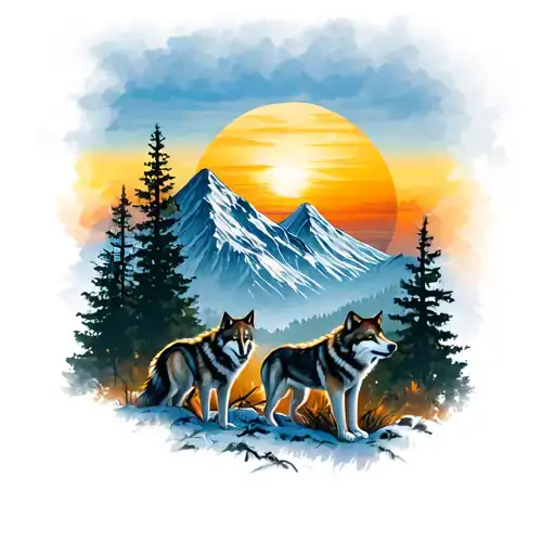 A half sleeve on the upper arm of a nature scene with a sun setting behind a mountain and a pack of three wolves hunting tattoo design idea