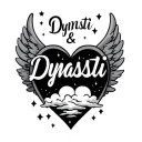 "Dynasti & April" name in shape of heart with wings and clouds inside and stars tattoo design idea